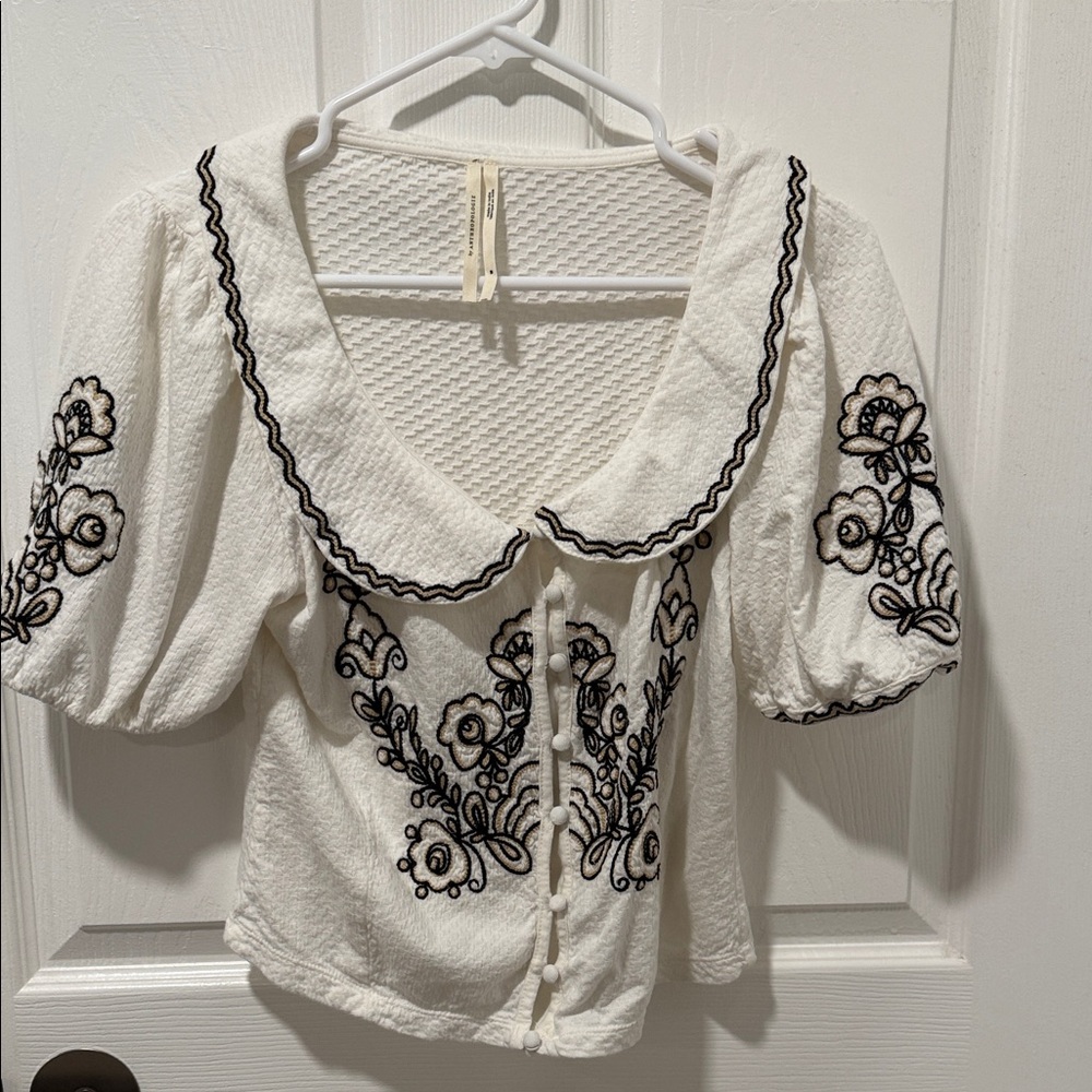 Anthropologie Embroidered White Blouse with Black Floral Design